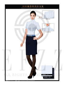 藍(lán)色女職業(yè)裝修身款短袖襯衫設(shè)計(jì)圖364