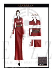 大師手繪時尚酒紅色女款酒店民族特色制服設(shè)計(jì)圖179