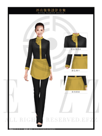 時尚金黃色女款圍裙款西餐服務員服裝款式設計圖1252
