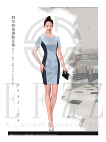 時(shí)尚淺藍(lán)色連衣裙女職業(yè)裝夏裝服裝款式效果圖738