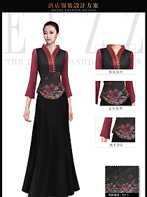 時(shí)尚棗紅色女款中餐迎賓服裝款式圖866