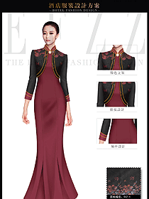 新款棗紅色女款酒店中餐迎賓制服設(shè)計圖868