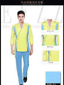 淺黃色男款SPA會所服務(wù)生制服設(shè)計圖620