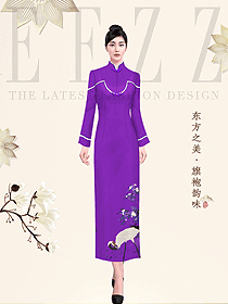 中餐咨客紫色旗袍服裝設計圖989