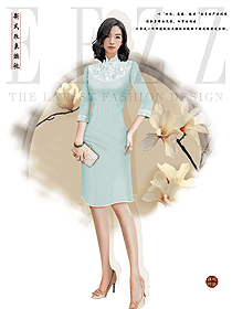 酒店淡綠色優雅旗袍美女制服定制設計圖