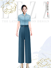 藍色條紋翻領工作服職業(yè)短袖襯衫女新款正裝