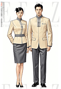 酒店餐飲服務(wù)員工作服中國(guó)風(fēng)米色套裝刺繡款